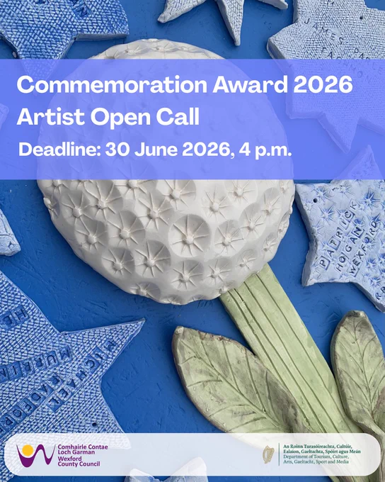 Close-up of textured ceramic stars and a flower on a blue background promoting the Commemoration Award 2026 artist open call.