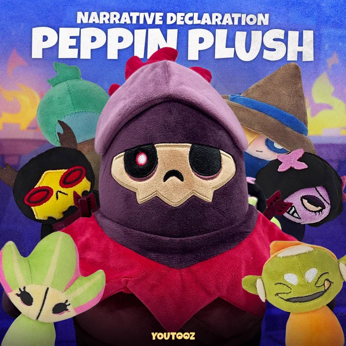 Reveal graphic of the Peppin plush with the six Eclectics mini plushes around him. Text reads Narrative Declaration Peppin Plush.