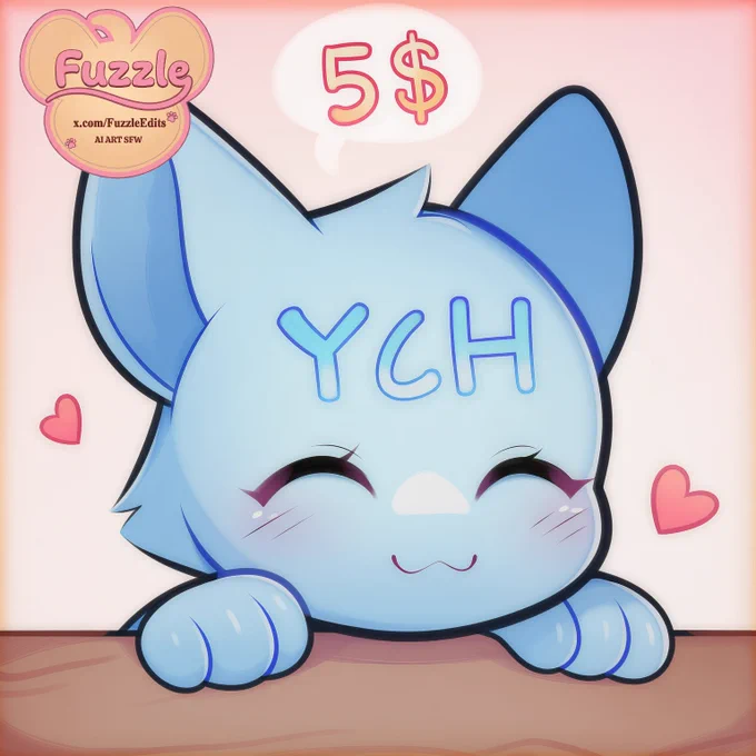 Digital anime-style illustration of a cute, fluffy, light-blue character with large, expressive eyes peeking over the edge of a table or surface. The character is smiling happily with pink hearts floating nearby. A speech bubble above the character's head displays the text '5$'. The text 'YCH' is written across the character's forehead. The art style is vibrant, soft, and chibi-inspired.