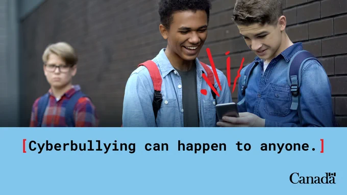 Alt text: Images of two teens laughing while looking at a phone while a teen in the background looks upset. Text: Cyberbullying can happen to anyone. 
