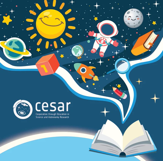 Cover image for an educational kit on the topic of solar eclipses, made by the Cooperation through Education in Science and Astronomy Research (CESAR) team. From an open book a whole universe opens, depicting elements such as astronauts, rockets, the sun, planets, stars a book, a pencil, a magnifying glass etc.