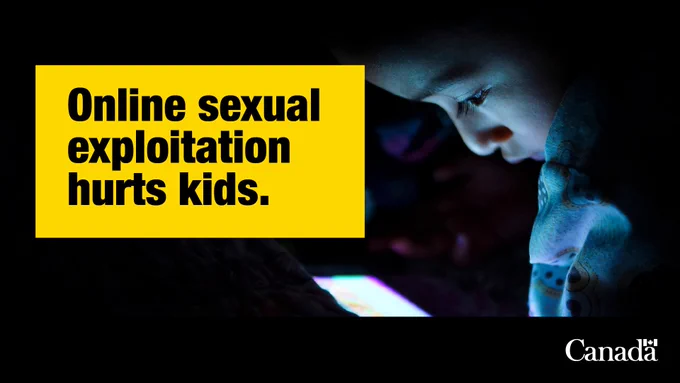 Alt text: Image of a young child using an electronic device. Text: Online sexual exploitation hurts kids. 

