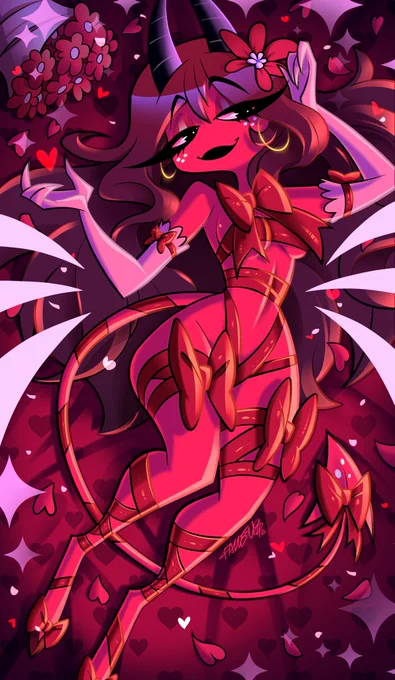 Full pic of Moxxie's Mother (whom i dubbed Monica), in a stylized ribbon outfit referencing the style of the 2025 Valentine Posters.