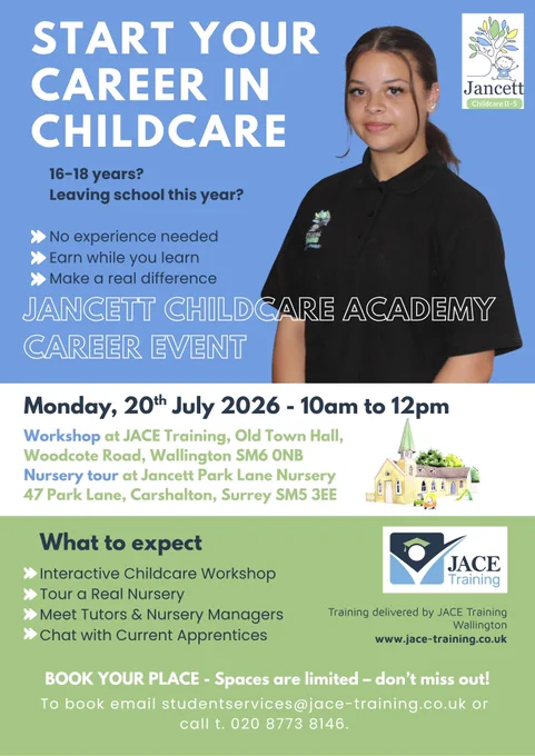 Join our Jancett Childcare Academy Careers Event for school leavers aged 16, offering a fantastic opportunity to explore apprenticeships in Early Years Education.  Book your place today! #careersinchildcare #childcareapprenticeships #wallington #carshalton #sutton