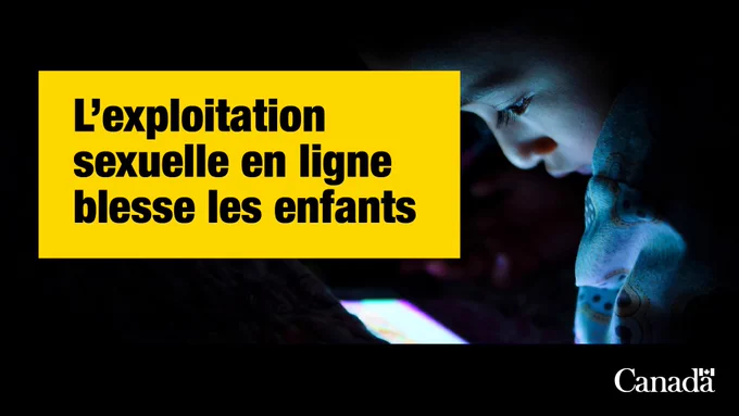 Alt text: Image d’un jeune enfant utilisant un appareil électronique. Texte : L’exploitation sexuelle en ligne blesse les enfants. 
