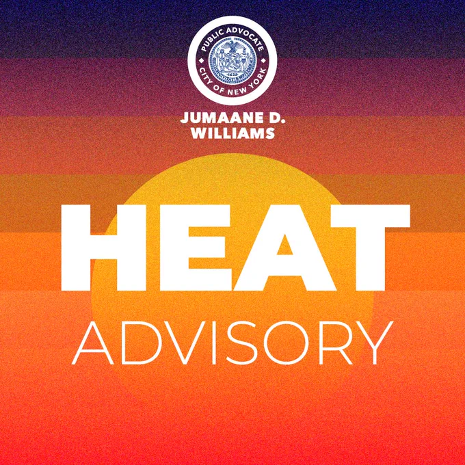 Graphic with gradient lines in red, orange, pink, and purple, with a sun at center, and text: Heat Advisory