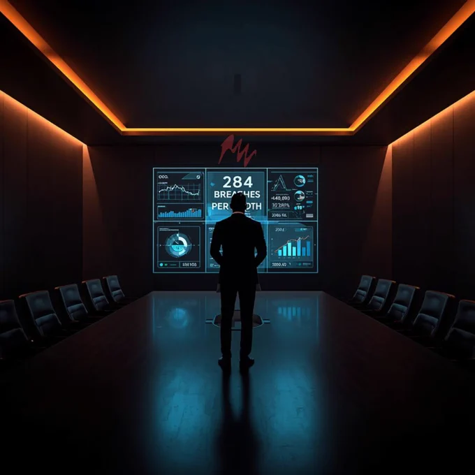 A high-end, dramatic tech-noir corporate boardroom in Johannesburg. The room is dimly lit in charcoal grey with stark amber and red ambient lighting. In the center, a large holographic glass screen displays clean data charts with a bold callout reading '284 Data Breaches Per Month'. A sharp, professional Black tech executive in a tailored suit stands looking at the data visualization, ultra-realistic, cinematic lighting, corporate cybersecurity aesthetic.