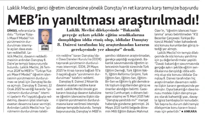 Laiklik Meclisi, “Türkiye Yüzyılı Maarif Modeli”nin yürütmesinin durdurulması istemiyle açılan davanın reddedilmesinin ardından Danıştay 8. Daire’ye temyiz başvurusunda bulundu.

Laiklik Meclisi üyemiz Aytunç Ürkmez’in Cumhuriyet’teki haberi:
👇👇👇
https://www.cumhuriyet.com.tr/turkiye/laiklik-meclisi-gerici-ogretim-izlencesine-yonelik-danistay-in-ret-kararina-temyiz-basvurusunda-bulundu-danistay-meb-in-yalanini-arastirmadi-2511137