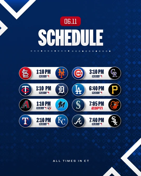 June 11th Schedule
All Times ET

STL VS NYM - 1:10 PM - MLB.TV
MIN VS DET - 1:10 PM - MLB.TV
AZ VS MIA - 1:10 PM - MLB.TV, MLB NETWORK
TEX VS KC - 2:10 PM - MLB.TV
CHC VS COL - 3:10 PM - MLB.TV
LAD VS PIT - 6:40 PM - MLB.TV
SEA VS BAL - 7:05 PM - ESPN
ATL VS CWS - 7:40 PM - MLB.TV