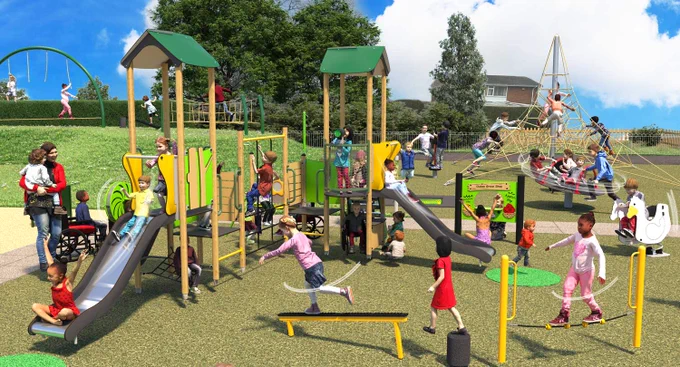 A busy, modern children's playground with diverse play equipment and many children playing.