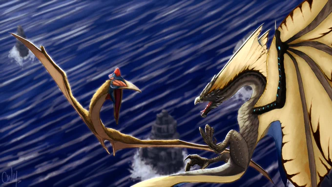 A Legiana encroached into the territory of a Quetzalcoatlus near the rocky lagoon. Strong gales of wind from each beating of their massive wings pushed against the tumultuous seas.