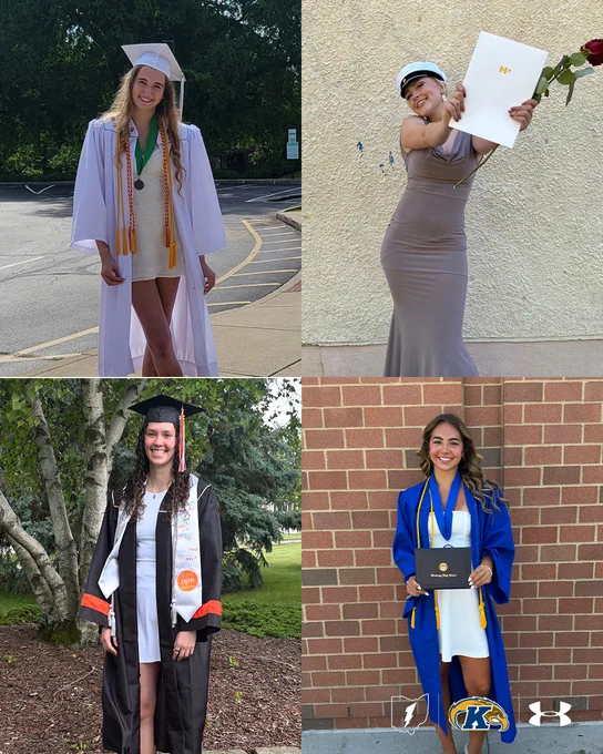 Four people are pictured in graduation attire. The upper left person is in a white cap and gown standing on a pavement. The upper right person is holding a diploma cover and wearing a beige outfit. The bottom left person is in a black cap and gown near trees. The bottom right person is in a blue cap and gown holding a diploma, with Kent State University and Under Armour logos at their feet.