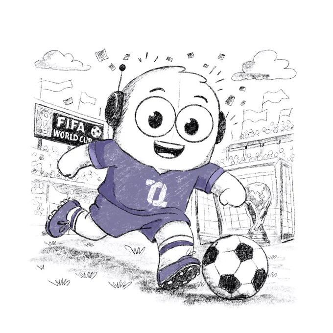 TechTrend creates AI solutions for federal agencies and government contractors and techie is their mascot. This image is of Techie in a soccer outfit joyfully plays with a soccer ball in a stadium. The character is wearing headphones, and "FIFA World Cup" is visible on a nearby sign. A large trophy is in the background.