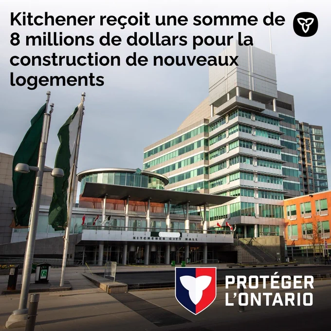 Hôtel de ville de Kitchener. Légende : Kitchener reçoit 8 millions de dollars pour la construction de nouveaux logements