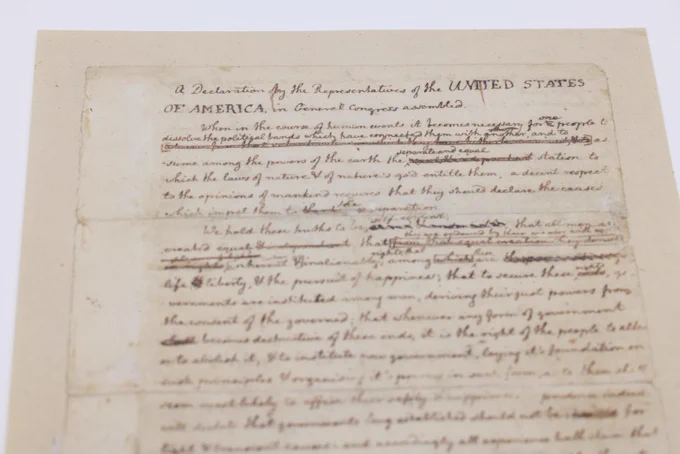 A view of Thomas Jefferson's rough draft of the Declaration of Independence, hand-written with edits placed throughout. Held in the Library of Congress Jefferson Collection. Photo by Shawn Miller.