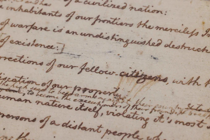 A view of Thomas Jefferson's rough draft of the Declaration of Independence, hand-written with edits placed throughout. Held in the Library of Congress Jefferson Collection. Photo by Shawn Miller.
