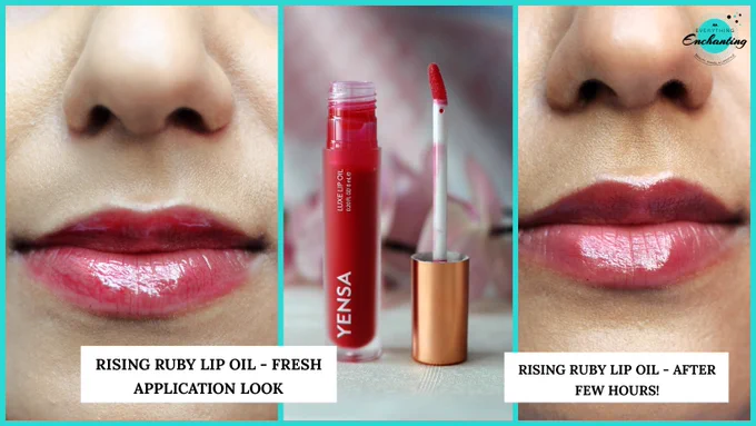 A three-panel collage from the "FB-yensa-makeup-unboxing-first-impressions-review-rising-ruby-lip-oil-lotd-everything-enchanting-blog.jpg" file, showcasing the YENSA Luxe Lip Oil in Rising Ruby. The left panel shows a close-up of a fresh application of the glossy crimson lip oil on a person's lips. The middle panel features the clear product bottle with gold hardware, displaying the vibrant red oil and its applicator wand. The right panel demonstrates the long-lasting look of the tinted lip oil on the lips after a few hours, maintaining a soft, hydrated reddish-pink stain.