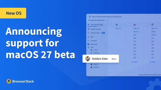 BrowserStack graphic announcing support for macOS 27 golden gate beta, with a yellow “New OS” label and a browser dashboard preview.