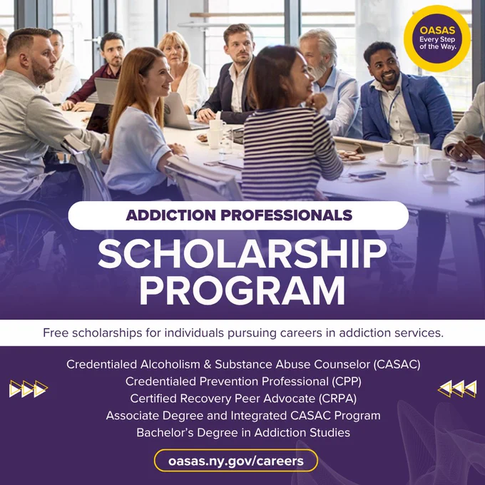 Free scholarships for individuals pursuing careers in addiction services are available from the New York State Office of Addiction Services and Supports. 