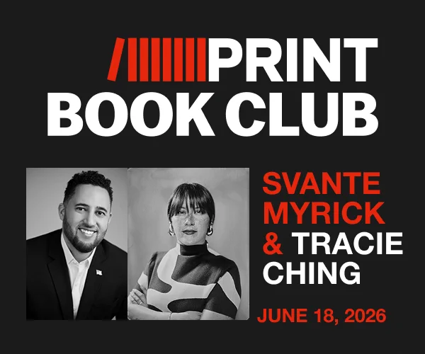 A graphic with images of Svante Myrick and Tracie Ching and text reading "Print Book Club. Svante Myrick and Tracie Ching. June 18, 2026