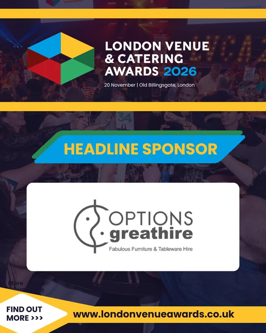 Promotional image for the London Venue & Catering Awards 2026, highlighting the headline sponsor Options Greathire. Event to be held on 20 November at Old Billingsgate, London.