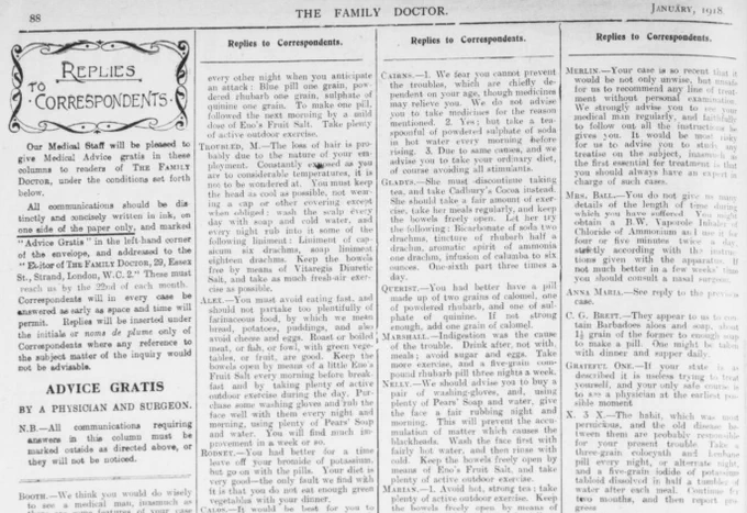 Black and white snipping of a page from the Family Doctor and People's Medical Adviser, January 1918. To the left, reads 'Replies to Correspondents,' with the three other columns being headed up with the same caption. The text shows replies to different readers.