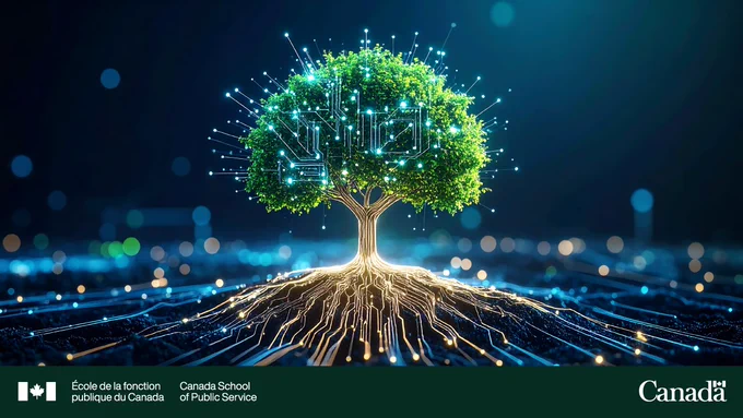 Un arbre dont les racines représentent des lignes de circuits numériques.