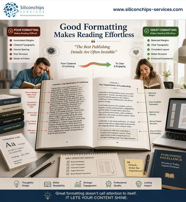 A well-formatted book is easy to read.

That sounds simple 😄

But achieving that simplicity requires considerable attention to detail.

Margins.

Spacing.

Typography.

Chapter structure.

Page consistency.

Book formatting services focus on creating a reading experience that feels natural and effortless.

Readers may not consciously notice strong formatting.

But they quickly notice when something feels off.

Good formatting quietly supports comprehension and engagement.

The best publishing outcomes often come from details that stay invisible.

What book design element affects your reading experience most?

#BookFormatting #Publishing #Design
