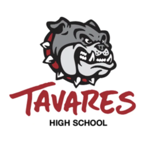 Logo of Tavares High School featuring a fierce bulldog mascot and the school's name. The design uses bold red and gray tones, conveying a strong and spirited mood.