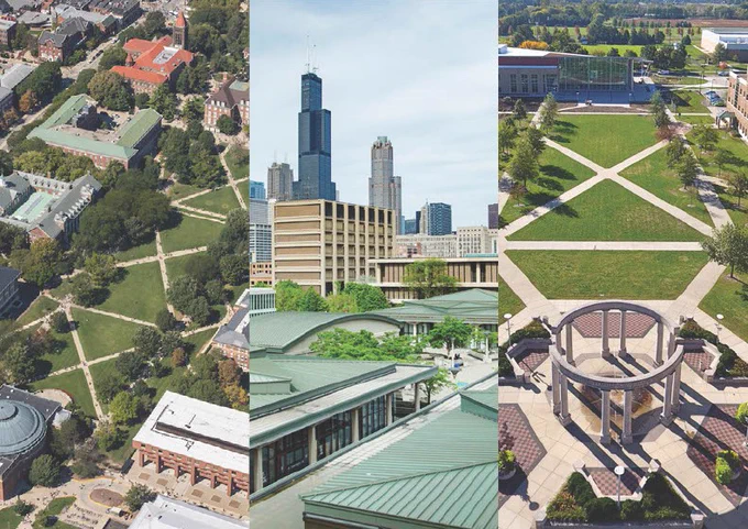 a triptych featuring shots of the campuses of the University of Illinois System - Urbana-Champaign, Chicago, and Springfield.