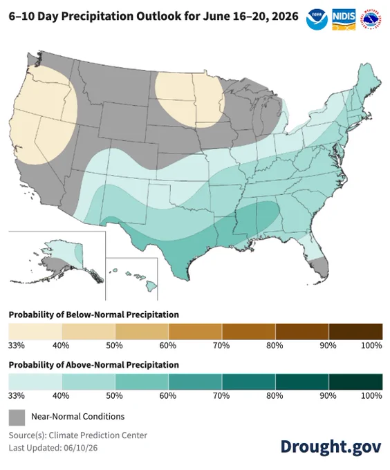 NOAA's 6-10 Day Precipitation Outlook map for June 16–20, 2026. It shows shading indicating a probability of above-normal precipitation stretching from Texas and the Southern Plains eastward across the Gulf Coast, Southeast, Mid-Atlantic, and Northeast, as well as Alaska and Hawaii. Shading for below-normal precipitation covers the Pacific Northwest, northern California, Idaho, and a pocket over the Northern Plains centered on the Dakotas and Minnesota. The Southwest and parts of the Intermountain West show near-normal conditions.
