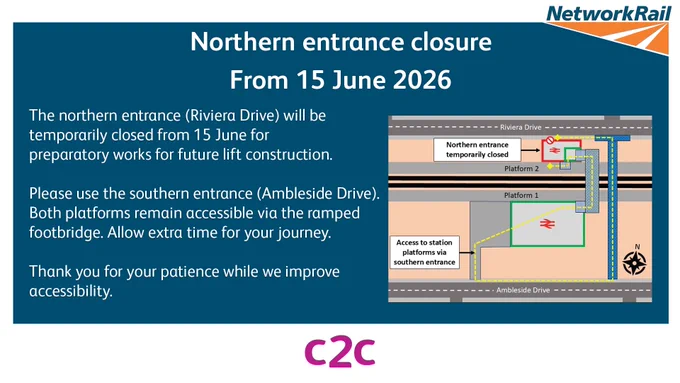 A poster describing the temporary closure of northern entrance at Southend East station from 15 June and availability of alternative route to access the platforms. 