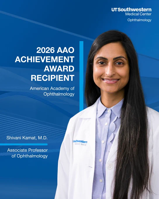 Woman smiling in white doctor coat with text next to her “2026 AAO Achievement Award Recipient”