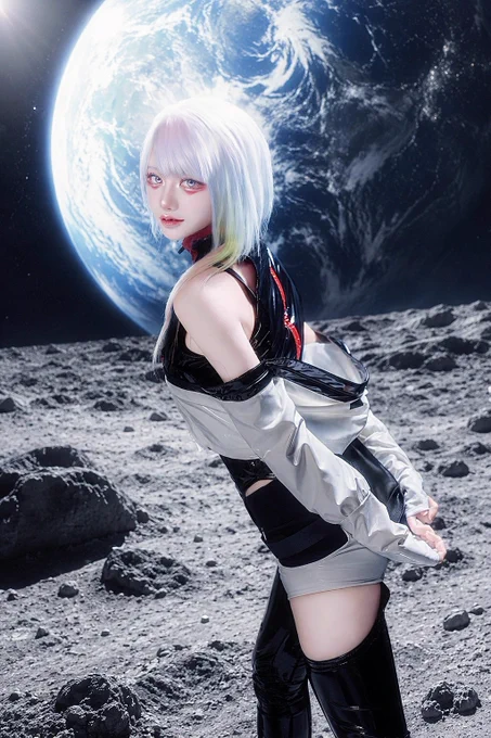 Digitally edited image of a cosplayer dressed as Lucy from Cyberpunk: Edgerunners. She wears a costume inspired by Lucy’s signature outfit from the anime and has shoulder-length white hair. She stands on the surface of the Moon, with Earth visible in the distance.