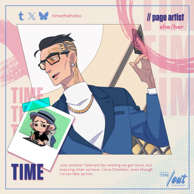 An artist preview of Chamber from VALORANT by Riot Games.
The introduction reads as follows: Time (she/her), page artist with the following bio: "Just another Valorant fan wishing we got more, but enjoying what we have. I love Chamber, even though I’m terrible as him."