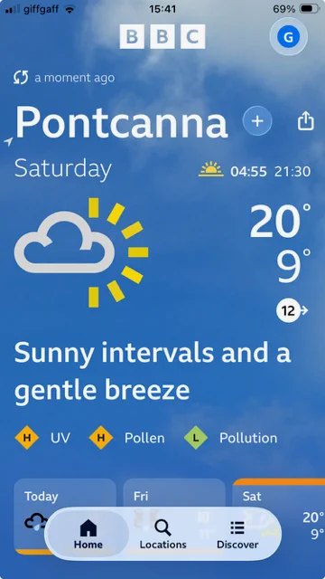 screen shot of weather forecast for Cardiff on Saturday 13 June