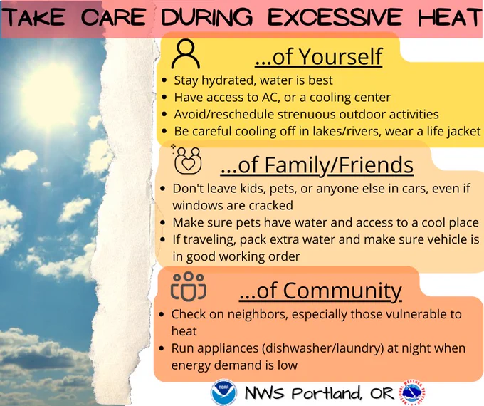 Take care during excessive heat. Take care of yourself. Stay hydrated, have access to AC or cooling center, avoid/reschedule strenuous outdoor activities, and wear a lift jacket if entering natural waters. Take care of family/friends. Don't leave kids/pets/or anyone in cars even if windows are cracked. Give access to water to pets and a cool place. Travel with extra water. Of your community: check on neighbors - especially those vulnerable to heat. Run appliances at night when energy demand is low. 