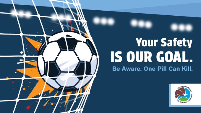 Soccer ball hitting the net with text emphasizing safety and the dangers of pills.
