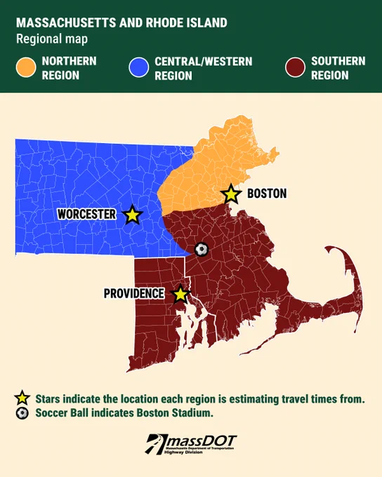 Map of Massachusetts and Rhode Island divided into Northern, Central/Western, and Southern regions with stars marking Worcester, Boston, and Providence, and a soccer ball showing Boston Stadium.