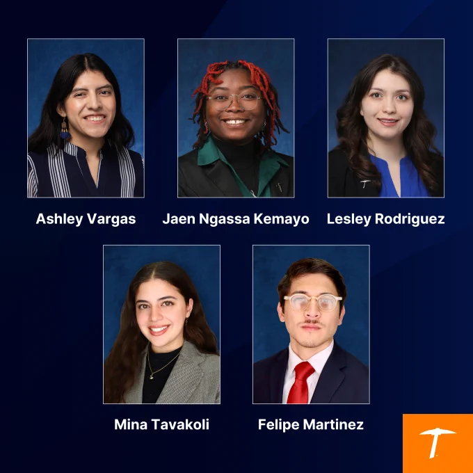 This image features five recent graduates of The University of Texas at El Paso, each in a separate square against a dark blue background. Below each person are the names: Ashley Vargas, Jaen Ngassa Kemayo, Lesley Rodriguez, Mina Tavakoli, and Felipe Martinez. In the lower right corner is a UTEP logo with an orange background and a stylized white pick axe.
