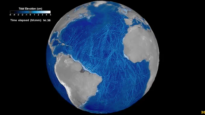 Data visualization featuring energetic internal tides on a rotating Earth. The visualization simulates data over a period of a day (24 hours) and showcases the largest internal tides on water bodies around the world. Video credit: NASA's Scientific Visualization Studio