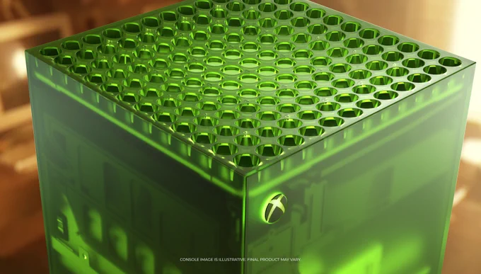 Limited-edition translucent green Xbox Series X console with a grid-pattern top and glowing Xbox logo, highlighting the design detail and anniversary styling.
