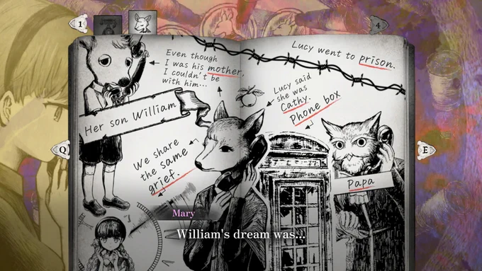 A notebook with excellent drawings of Lucy in the middle to the left of a classic phone box, a boy deer labelled "Her son William" in the top left, an owl man labelled "*Papa*" on the lower right beside the phone box, and Mary in the lower left, all holding phones to their ears. A line of bared wire crosses the top. An arrow pointing at William reads "Even though I was his *mother*, I couldn't be with him..." Above the barbed wire: Lucy went to *prison*.  Pointing away from Lucy: "We share the same *grief*." At Lucy on the right: Lucy said she was *Cathy*. At the phone box: *Phone box*. * represent underlines.
Mary: William's dream was...