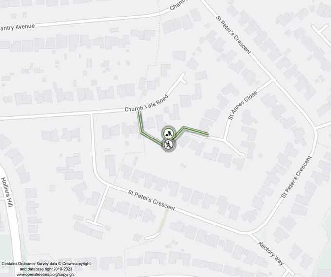 Map section showing a residential area with Church Vale Road, St Peter's Crescent, and St Anne's Close. A park area is visible with a path crossing Church Vale Road.