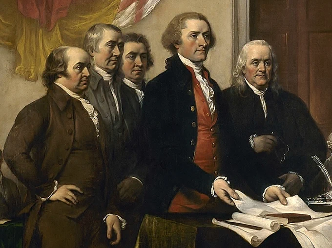 Detail from John Trumbull's 1818 painting of the Committee of Five presenting their draft of the Declaration of Independence to the Second Continental Congress in Philadelphia. From left to right: John Adams, Roger Sherman, Robert Livingston, Thomas Jefferson, Benjamin Franklin.

