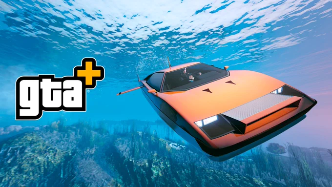 GTA Plus poster with the Ocelot Stromberg submersible vehicle underwater. 