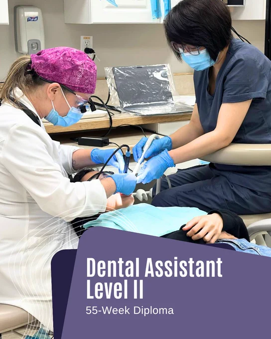 Two dental professionals wearing masks and gloves perform a procedure on a patient while text promotes the Dental Assistant Level II 55-week diploma program at Discovery Community College.