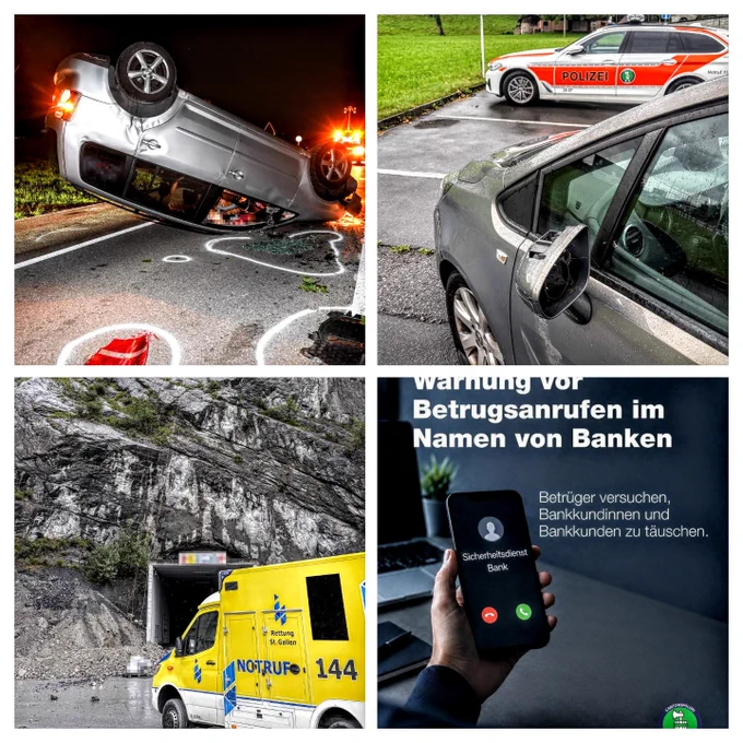 Das Bild zeigt eine Unfallszene mit einem umgestürzten Auto, ein Polizeiauto, einen Krankenwagen und eine Warnung vor Betrugsanrufen im Namen von Banken.