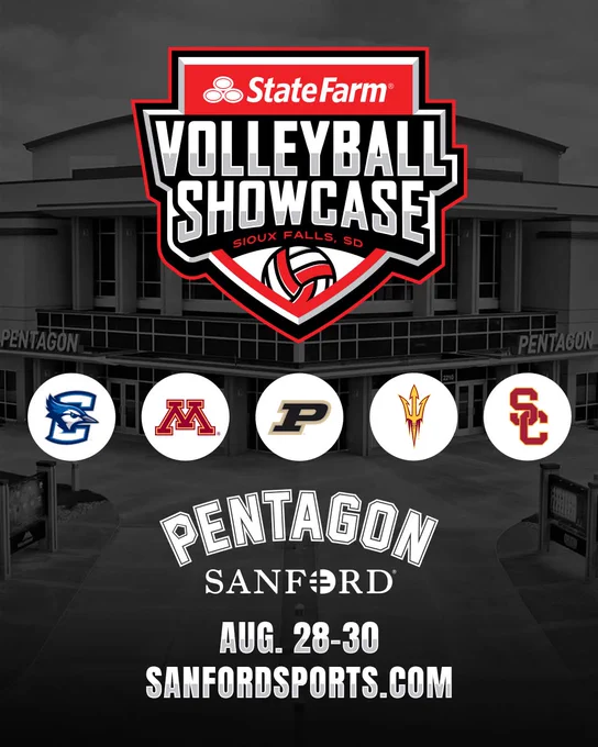 Poster for the State Farm Volleyball Showcase at the Sanford Pentagon in Sioux Falls, SD. Features logos for Creighton, Minnesota, Purdue, Arizona State, and USC. Event dates: August 28-30. Website: sanfordsports.com.
