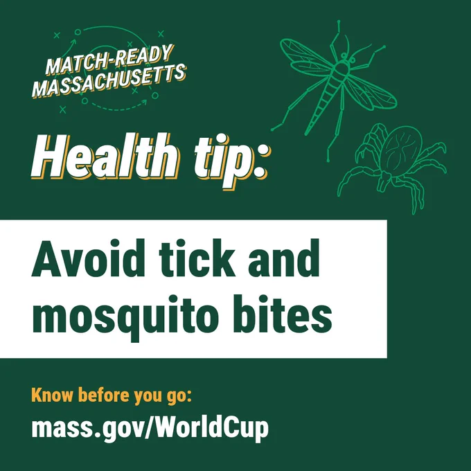 Health tip advising to avoid tick and mosquito bites for safety in Massachusetts outdoor activities.